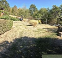 Eine Hütte in Modrý Kameň mit einem gepflegten Garten, Ziersträuchern und Bäumen.