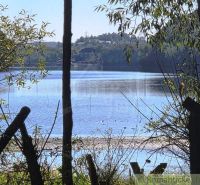Blick auf den See zwischen den Bäumen in den Gärten in Krupina.