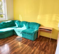 Einzimmerwohnung mit Ecksofa, Holzboden und gelber Wand.