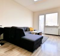 Wohnzimmer in einer Zweizimmerwohnung mit Holzboden und bequemer Couch.