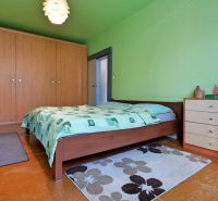 Grünes Schlafzimmer in einer Zweizimmerwohnung mit Doppelbett, Kleiderschrank und Teppich.