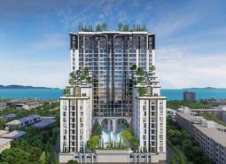 Wohnungsbau in der Stadt Pattaya mit Meerblick und grünen Terrassen.