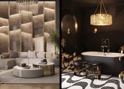 Luxuriöses Interieur im Rahmen des Wohnungsbaus mit eleganter Beleuchtung und stilvoller Badewanne.