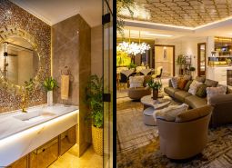 Luxuriöses Badezimmer und Wohnzimmer im Bau von Wohnungen mit elegantem Design und Accessoires.