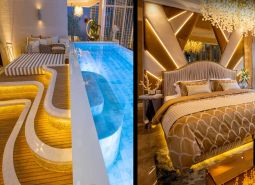 Luxuriöses Schlafzimmer und Terrasse mit Pool im Bau von Wohnungen.