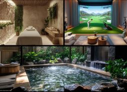 Wellnessraum, Golfsimulator und Jacuzzi im Rahmen des Wohnungsbaus.