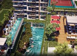 Der Wohnungsbau in Pattaya umfasst einen Pool, Terrassen und Grünflächen für die Bewohner.
