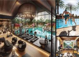 Wohnungsbau: Luxusinterieurs mit Pool, Fitnesscenter, familiäre Atmosphäre und Entspannungszonen.