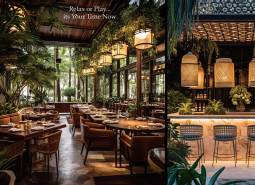 Luxuriöses Restaurantinterieur mit Holztischen, Stühlen und Pflanzen. Wohnungsbau.
