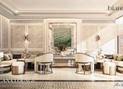 Luxuriöses Interieur mit Marmordetails und bequemen Sitzgelegenheiten. Wohnungsbau.