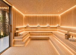 Innenraum einer luxuriösen Sauna mit Holzdekor und entspannender Atmosphäre im Rahmen des Wohnungsbaus.