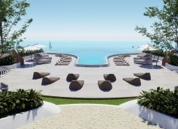 Terrasse mit Blick auf den Pool und das Meer, Wohnungsbau in Phuket.