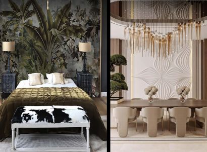 Luxuriöses Interieur mit Design-Dekoration im Rahmen des Wohnungsbaus, das natürliche Motive kombiniert.
