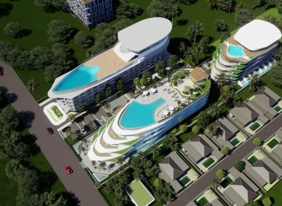 Visualisierung des Wohnungsbaus in Phuket: Mehrstöckige Gebäude mit Pools, umgeben von Grünflächen und einer Straße.