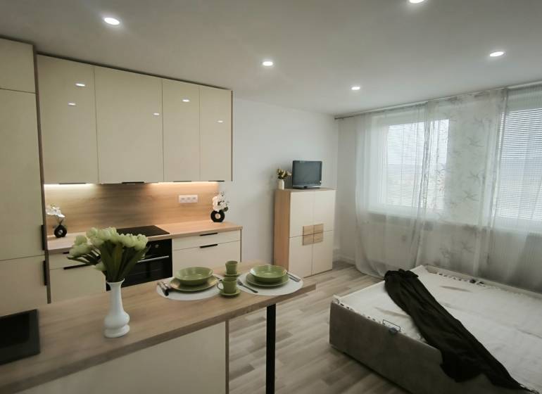 Küchenzeile mit Esstisch, Bett und Fernseher im Einzimmerapartment.