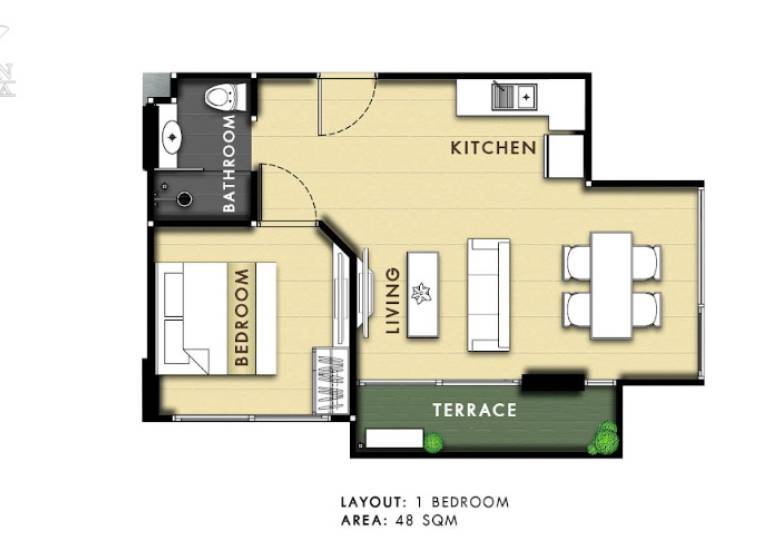 Grundriss einer 2-Zimmer-Wohnung mit Küche, Wohnzimmer, Terrasse und Badezimmer.
