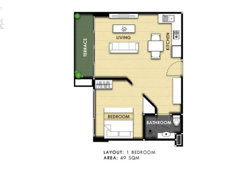 Grundriss einer 2-Zimmer-Wohnung mit Terrasse, Küche, Wohnzimmer und Badezimmer. Fläche 49 m².