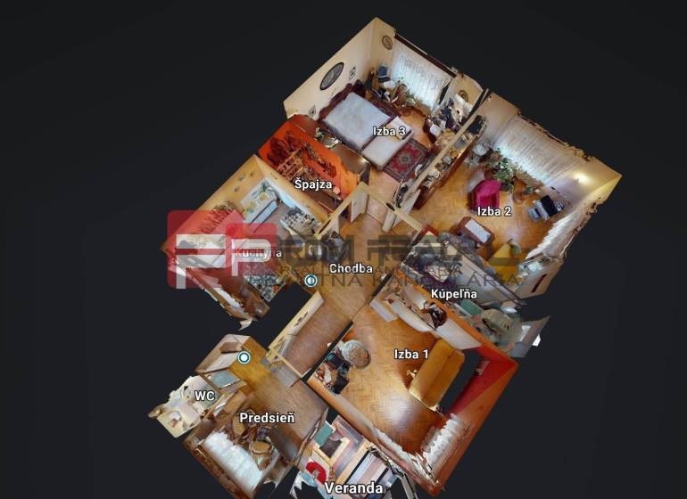 3D-Grundriss, der verschiedene Räume eines Einfamilienhauses einschließlich Zimmer, Küche und Badezimmer zeigt.