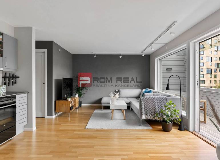 Wohnzimmer mit Küche in einer 3-Zimmer-Wohnung, mit Sofa, Küchenzeile und Blick auf die Terrasse.