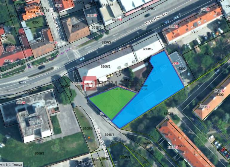 Grundstück in der Ľ. Podjavorinská-Straße, umrandet von einer blauen Fläche, neben dem Gebäude und der Kollárová-Straße.