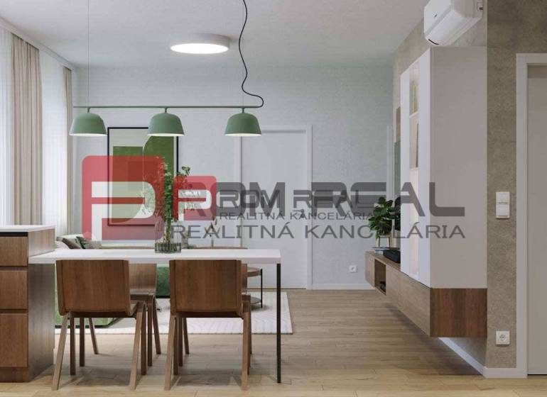 Innenraum einer 2-Zimmer-Wohnung in der Pezinok-Straße; Küche, Esszimmer, Holzelemente, helle Atmosphäre.