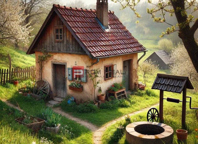 Ein zauberhaftes Familienhaus in der Natur, umgeben von Blumen, Obstbäumen und einem traditionellen Brunnen.