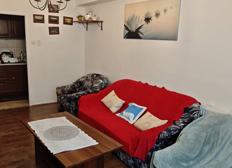 Wohnzimmer in einer Zweizimmerwohnung mit Sofas, Couchtisch und Wanddekorationen.