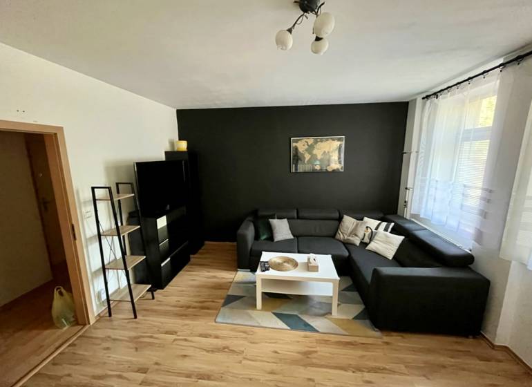Wohnzimmer in einer Zweizimmerwohnung mit Sofa, Tisch und schwarzer Wand.