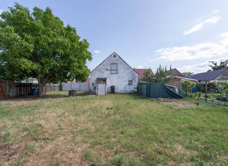 Grundstücke - Wohnen in der Športová-Straße in der Gemeinde Gajary mit einem Haus und einem großen Baum.