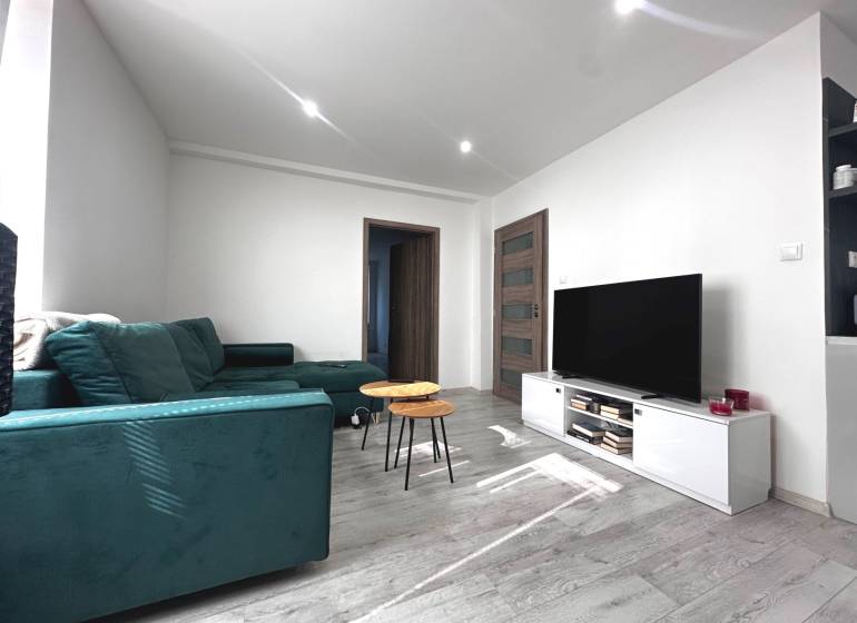 Wohnzimmer in einer 2-Zimmer-Wohnung mit Sofa, Fernseher, Tisch und minimalistischem Interieur.