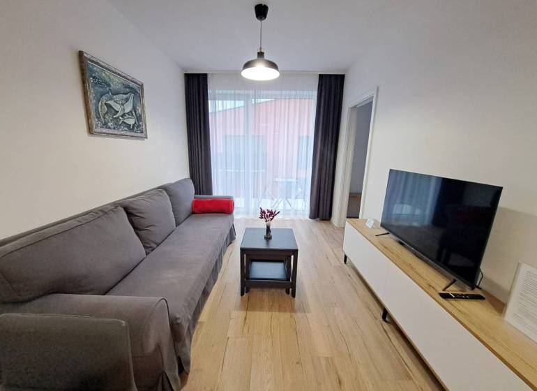 Wohnzimmer mit Sofa, Tisch und Fernseher in einer Zweizimmerwohnung.