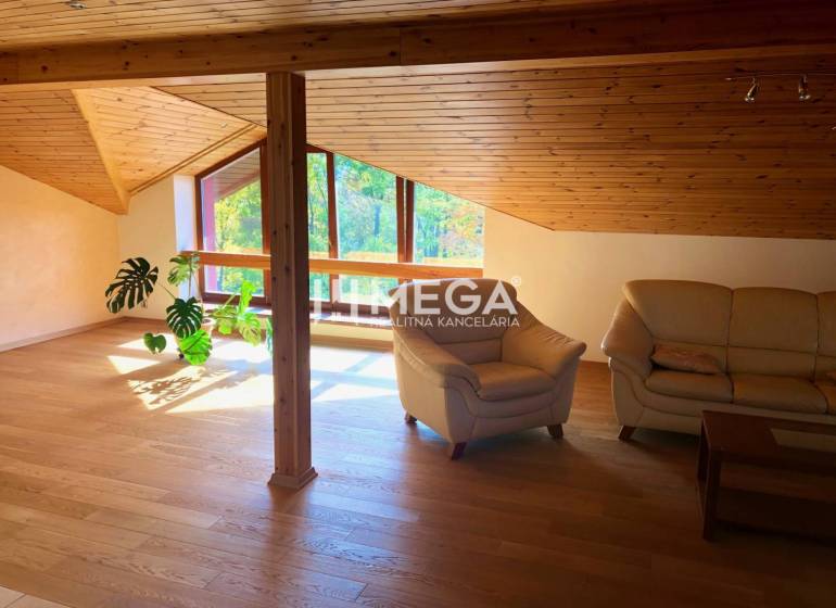 Wohnzimmer einer 3-Zimmer-Dachgeschosswohnung mit Holzdecke und Ledersofa.