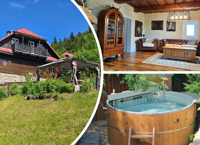 Ein Einfamilienhaus in Donovaly mit rustikalem Interieur, einer Außensauna und einem geräumigen Garten.