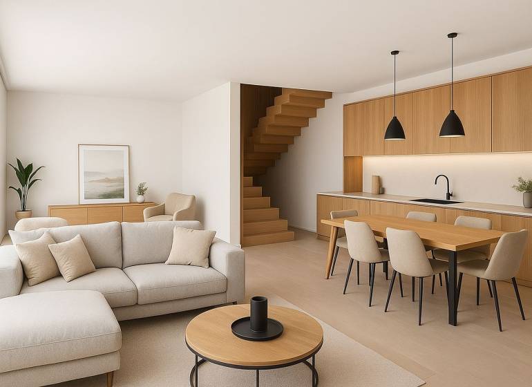 Wohnzimmer mit Küche und Holzmöbeln in einem Einfamilienhaus.