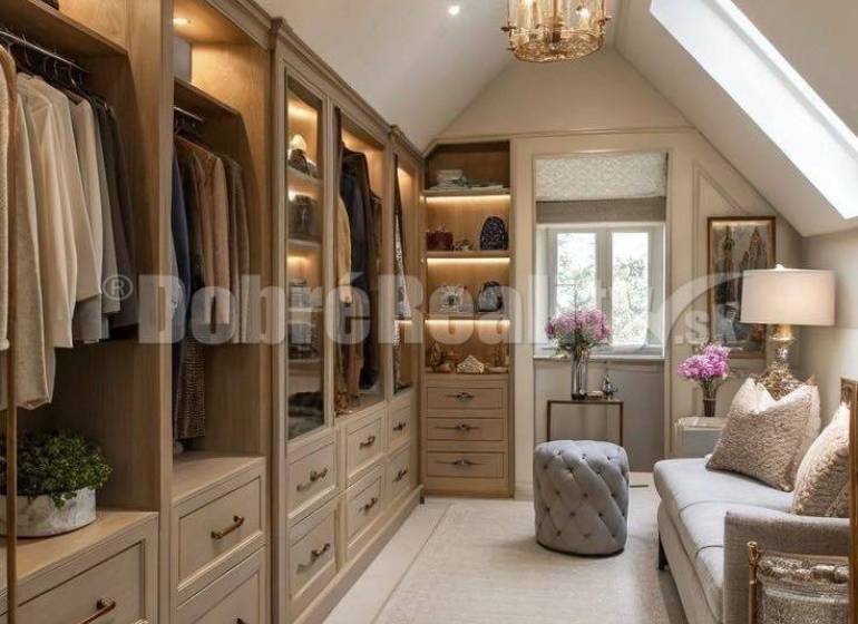 Ankleidezimmer in einer 3-Zimmer-Wohnung mit großen Schränken, einem Sofa und einer Leuchte.