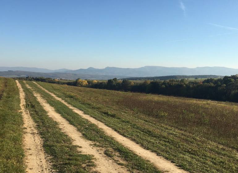 Landwirtschafts- und Forstflächen, Feldweg mit Blick auf die Hügel in der Umgebung von Prievidza.