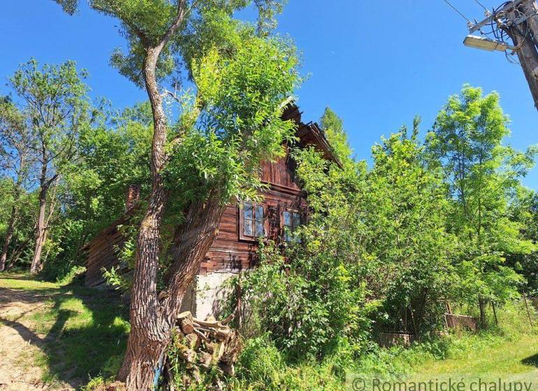 Eine Hütte in Liptovský Mikuláš, umgeben von üppigem Grün und Bäumen, blauer Himmel.