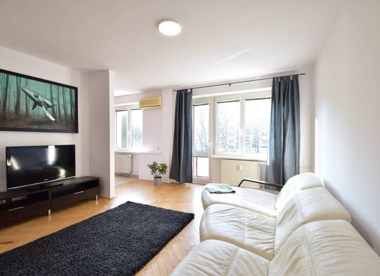 Helles Wohnzimmer mit weißem Sofa, schwarzem Teppich und großen Fenstern in einer Zweizimmerwohnung.