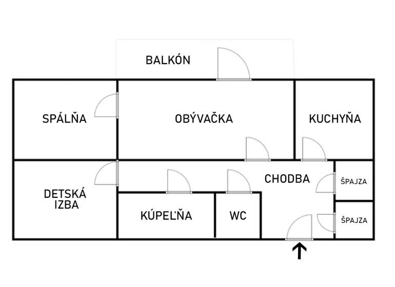 Grundriss einer 3-Zimmer-Wohnung mit Wohnzimmer, zwei Schlafzimmern, Küche und Balkon.