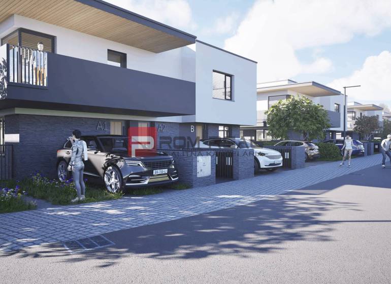 Straße mit stilvollen Häusern und Autos in Dubová, ideal für Bewohner von 3-Zimmer-Wohnungen.