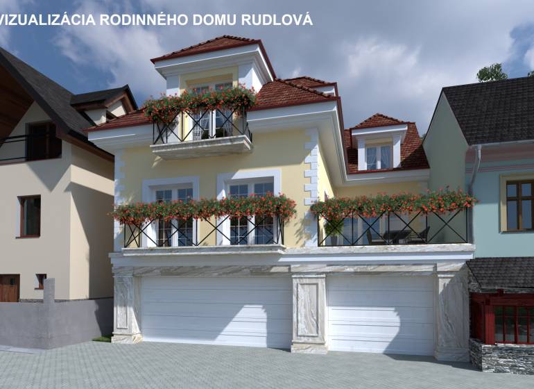 Visualisierung eines Einfamilienhauses mit Blumen auf den Balkonen in der Straße Pod Bánošom, Banská Bystrica.