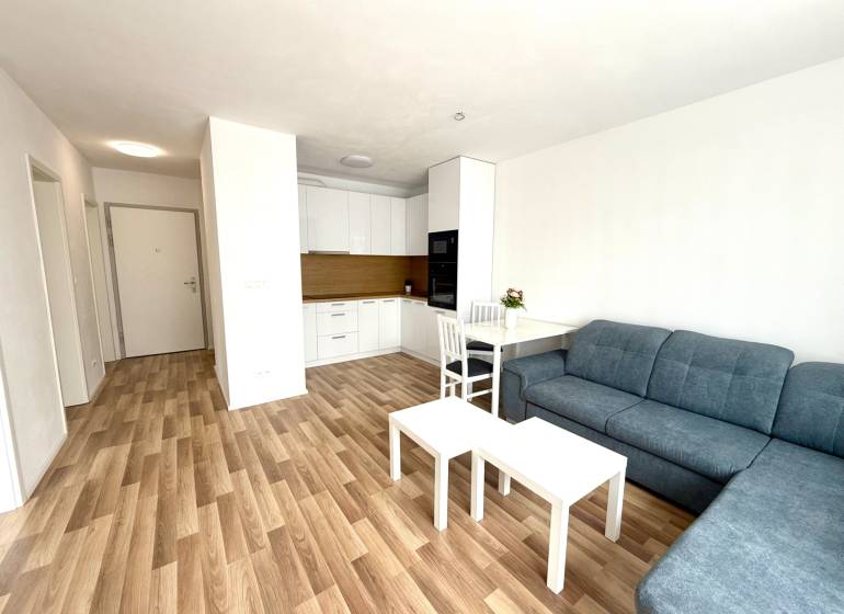 Wohnzimmer in einer 2-Zimmer-Wohnung mit Holzboden und Kochnische.