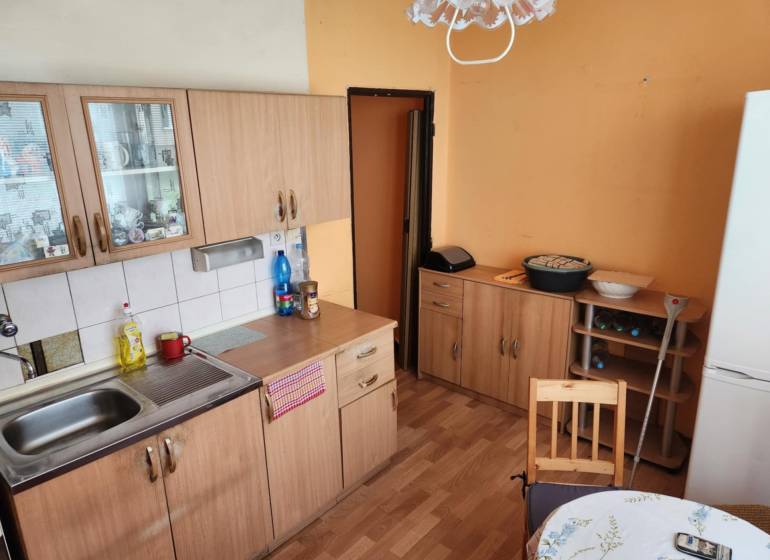 Küche in einer Einzimmerwohnung mit Holzschränken, Tisch und Kühlschrank.
