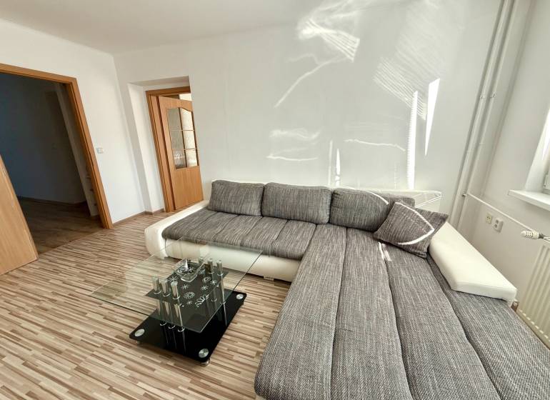 Helles Wohnzimmer mit Ecksofa und Glastisch in einer 2-Zimmer-Wohnung.
