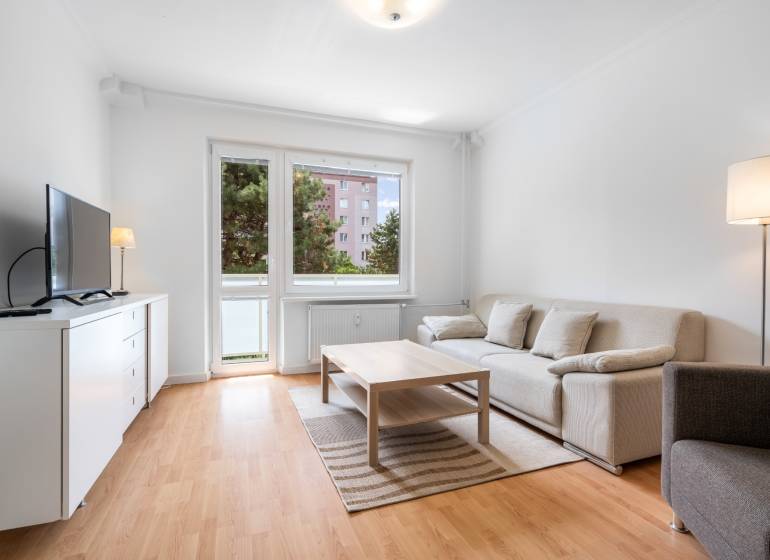 Wohnzimmer in einer 2-Zimmer-Wohnung mit Holzboden und bequemer Couch.