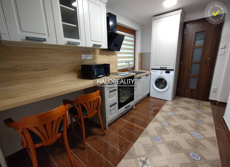 Einzimmerwohnung mit Kochnische, Waschmaschine und Holzstühlen.
