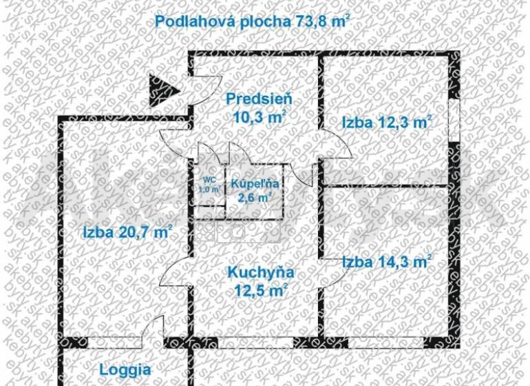 Grundriss einer 3-Zimmer-Wohnung mit Loggia, Diele, Küche, Badezimmer und WC.