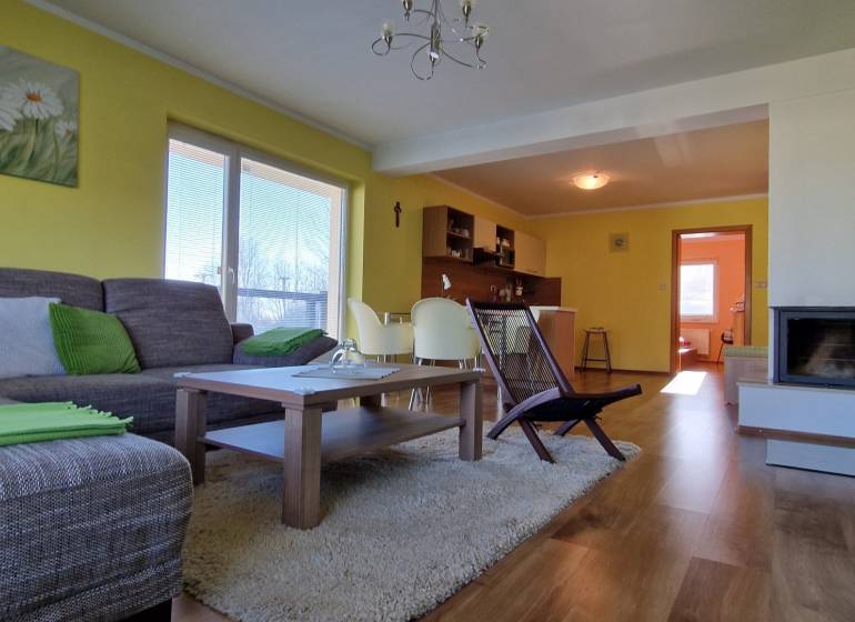 Wohnzimmer in einer Ferienwohnung mit Sofa, Tisch und Küchenzeile.