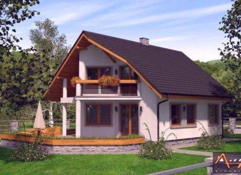 Ein Einfamilienhaus in Humenné, umgeben von Grün mit hölzernen natürlichen Details und einem Balkon.