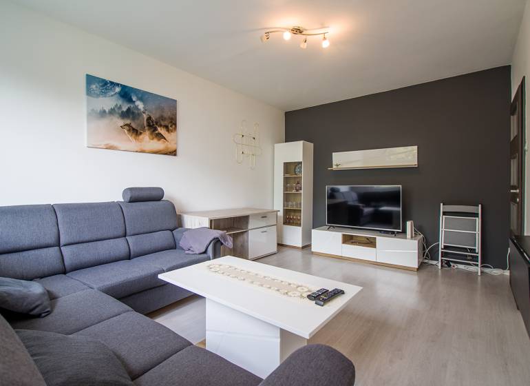 Wohnzimmer mit Sofa und Fernseher in einer 2-Zimmer-Wohnung.